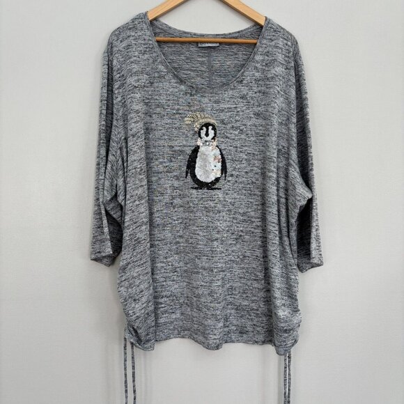 Catherines Tops - Catherines Knit Top 3X Gray Sequin Beaded Penguin‎ Cinched Sides 3/4 Sleeves